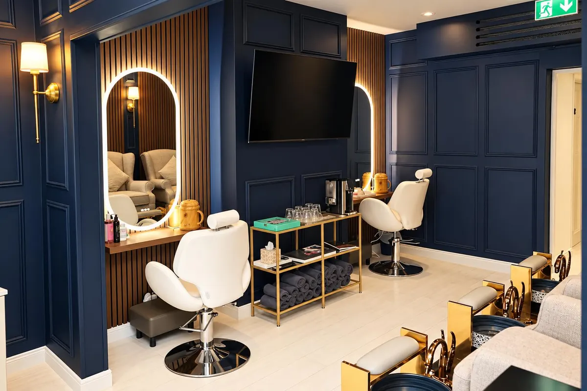 Treatment area with white salon chairs, an arched mirror and navy panelled walls